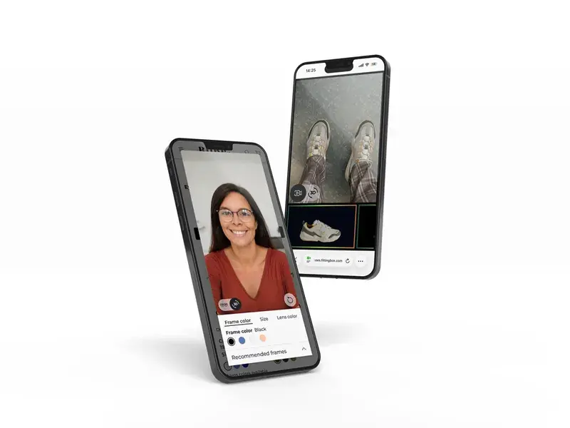 Virtual try-on in augmented reality: a user trying on glasses on a smartphone while another screen displays a 3D footwear try-on, illustrating an immersive and interactive e-commerce experience.