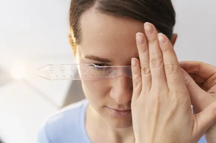 Optician measuring pupillary distance and optical center height for accurate eyeglass lens positioning