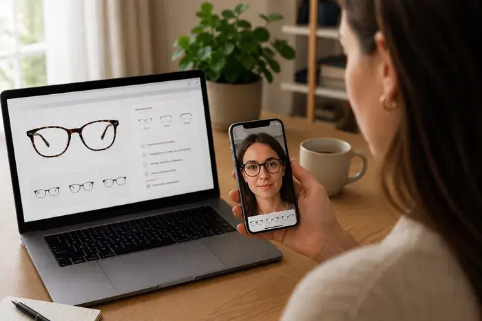 Le client utilise l'essayage virtuel pour comparer les lunettes sur une boutique Shopify et réduire les retours de produits.